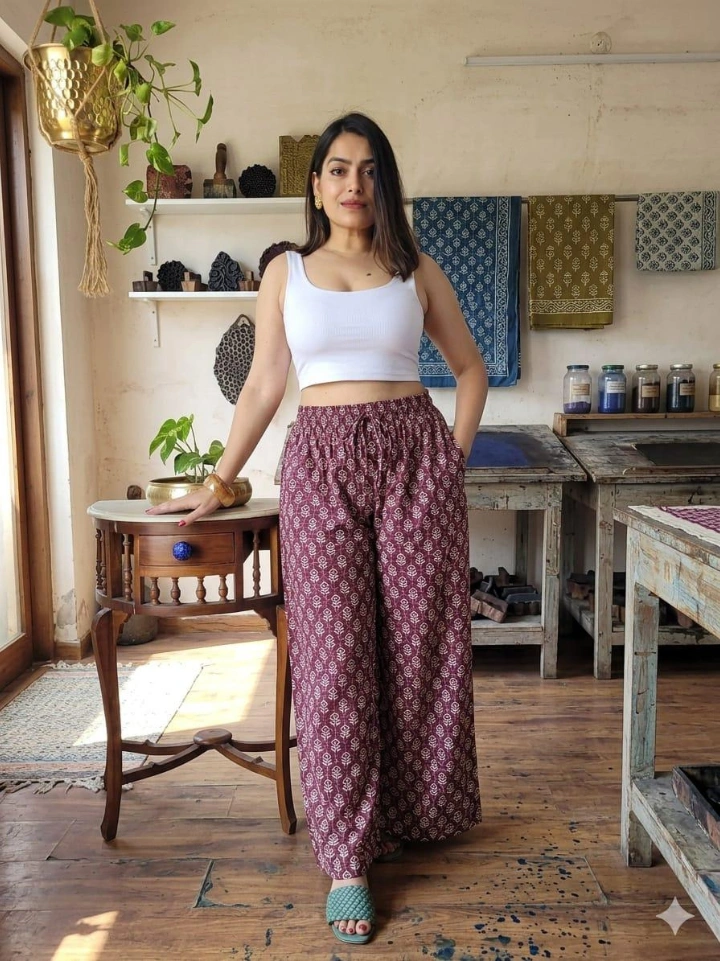 baby pink small motif print palazzo pants — cotton hand block printed Bagru Jaipur SA Fab