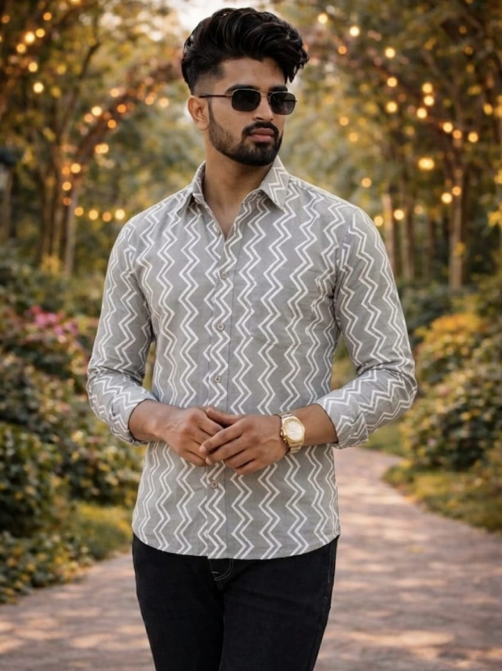 heavenly gray zigzag print shirt – pure cotton hand block printed men's shirt Bagru Jaipur SA Fab