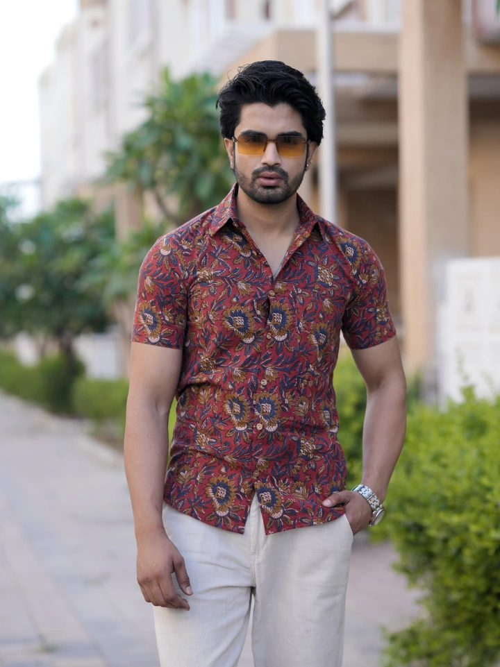 deep brown floral Bagru print half sleeve shirt for men – pure cotton hand block printed Bagru Jaipur SA Fab