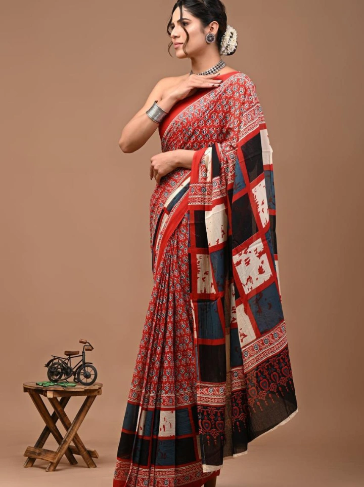 Madder red motif print cotton saree – pure cotton hand block printed Bagru Jaipur SA Fab