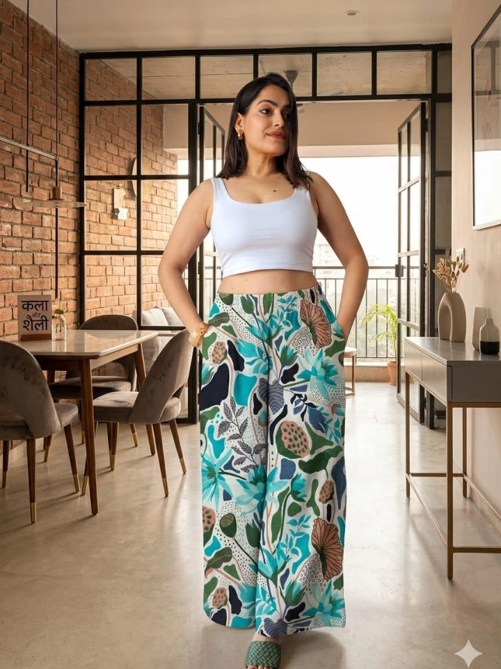 white bohemian style palazzo pants — cotton hand block printed Bagru Jaipur SA Fab