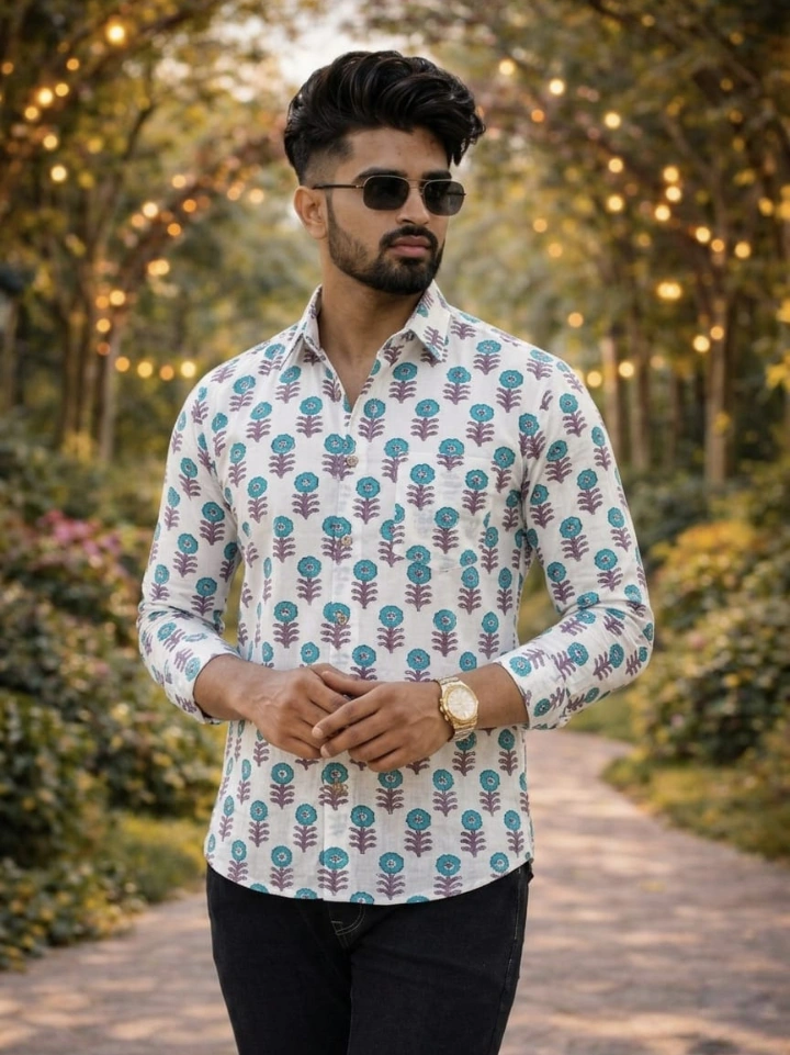 white small floral motif print shirt – pure cotton hand block printed men's shirt Bagru Jaipur SA Fab