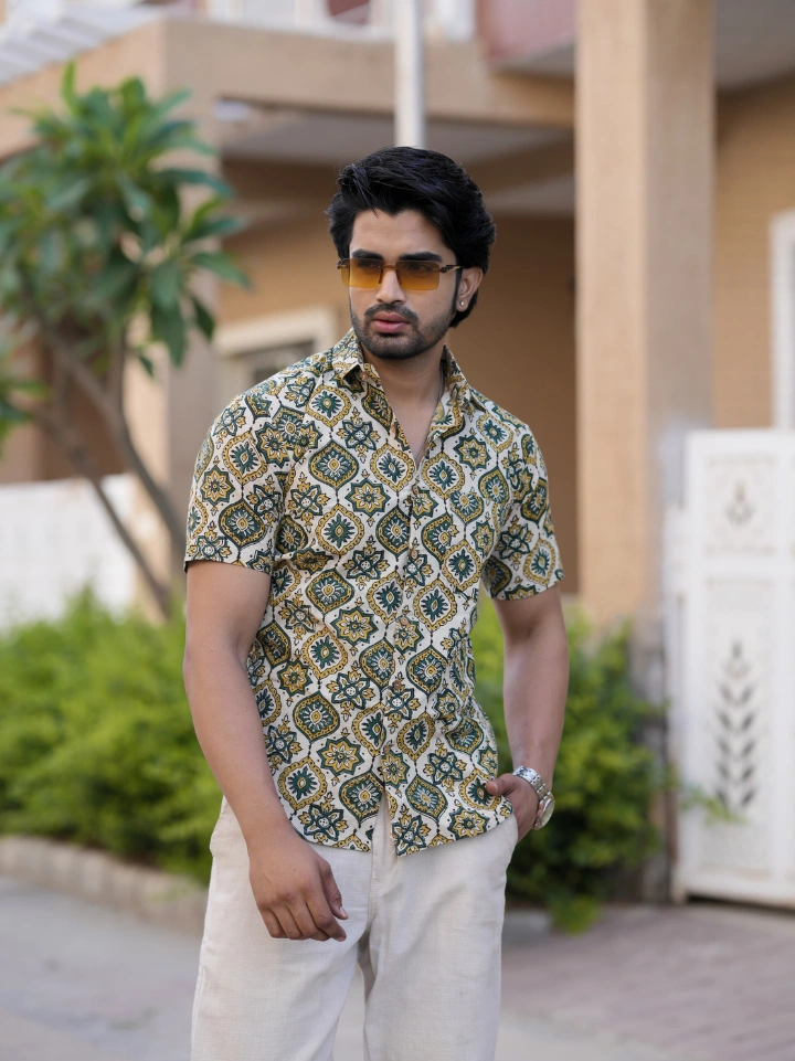 beige heritage print half sleeve shirt for men – pure cotton hand block printed Jaipur SA Fab