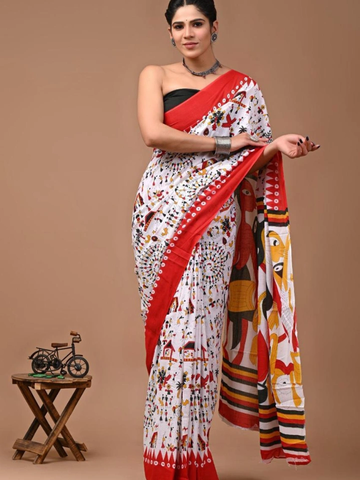 Pure white cotton saree with red border and tribal art print โ pure cotton hand block printed Bagru Jaipur SA Fab