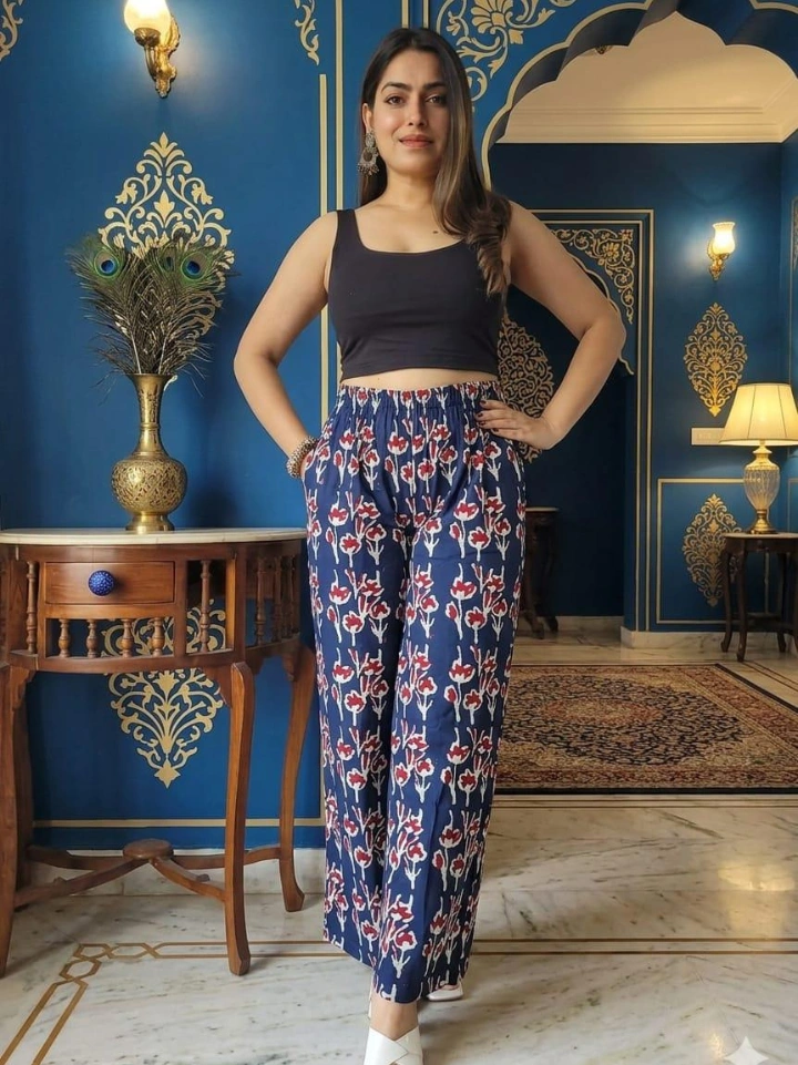 abstract blue floral print palazzo pants — cotton hand block printed Bagru Jaipur SA Fab