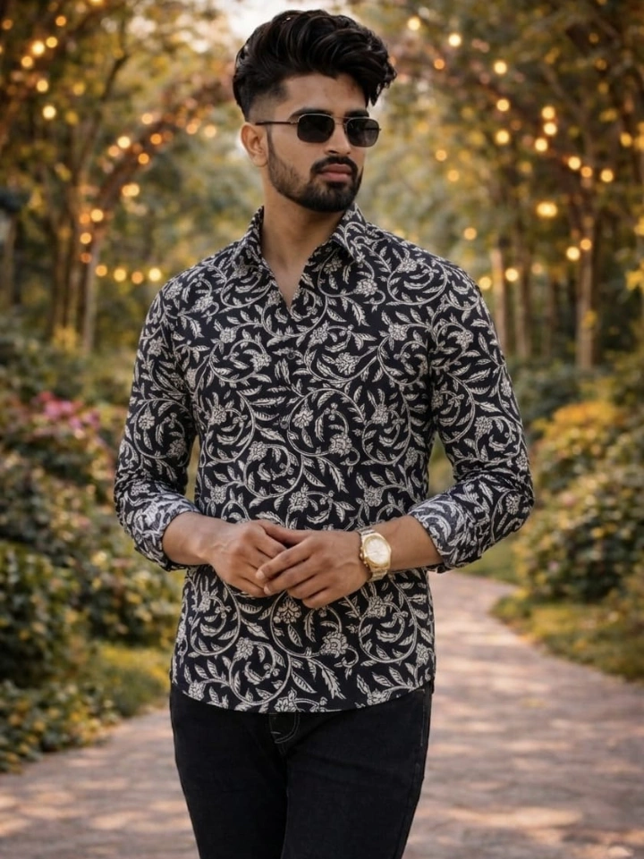 black kalamkari style block print shirt – pure cotton hand block printed men's shirt Bagru Jaipur SA Fab