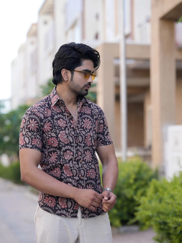 black Kalamkari style block printed half sleeve shirt for men – pure cotton Jaipur SA Fab