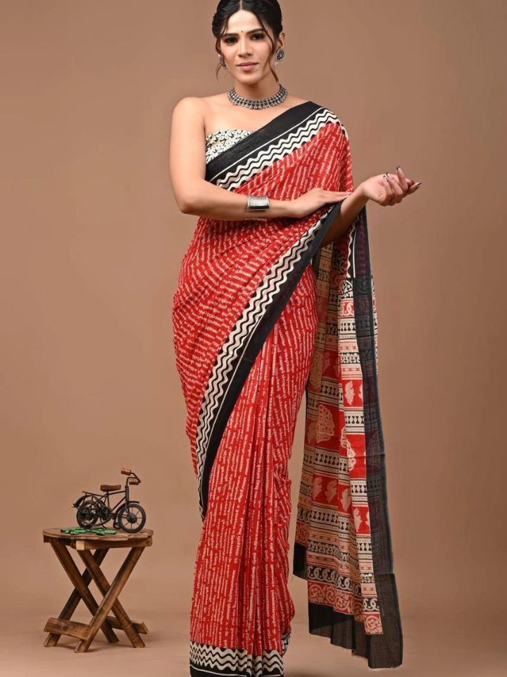 Red word print soft cotton saree with motif print pallu – pure cotton hand block printed Bagru Jaipur SA Fab