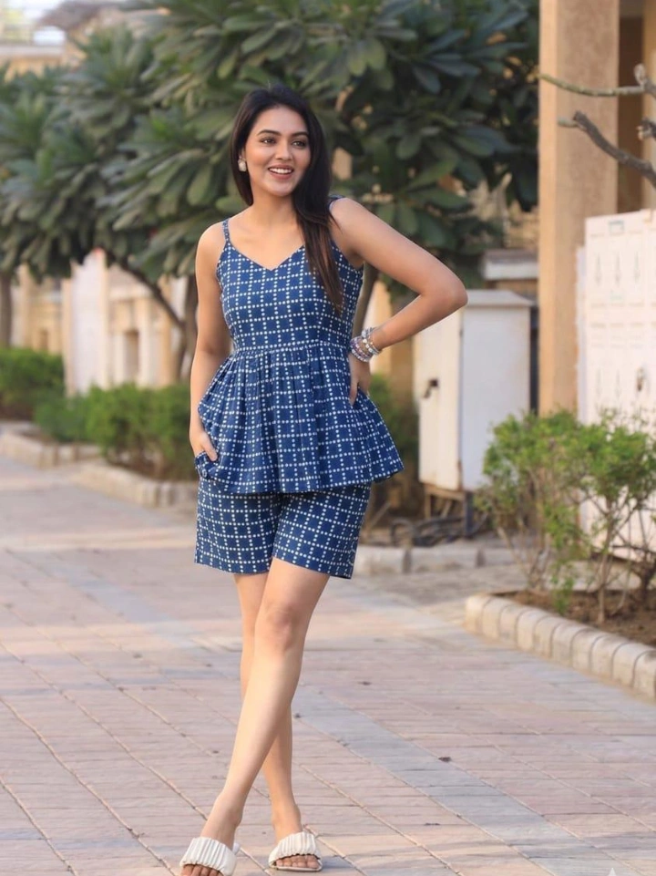 blue geometric block print co-ord set — pure cotton hand block printed Bagru Jaipur SA Fab