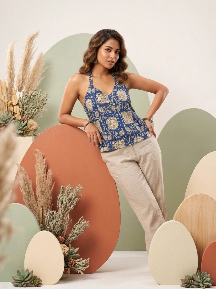 royal blue kalamkari halter neck top — pure cotton hand block printed Bagru Jaipur SA Fab