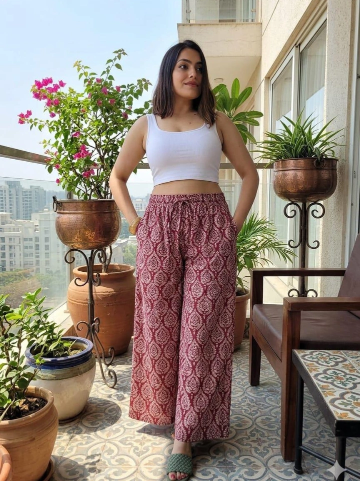burgundy ethnic print palazzo pants — cotton hand block printed Bagru Jaipur SA Fab