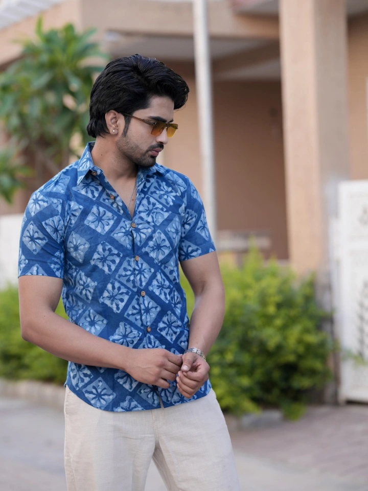 sunspot blue floral print half sleeve shirt for men – pure cotton hand block printed Jaipur SA Fab