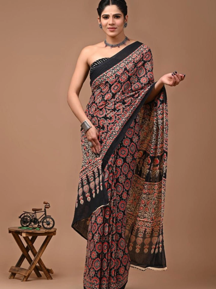 Black traditional motif print cotton saree – pure cotton hand block printed Bagru Jaipur SA Fab