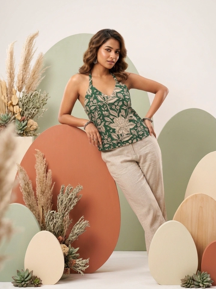 earthy green kalamkari halter neck top — pure cotton hand block printed Bagru Jaipur SA Fab