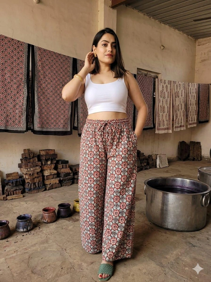 coffee brown floral wide palazzo pants — cotton hand block printed Bagru Jaipur SA Fab