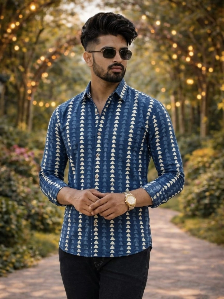 indigo geometric print designer shirt – pure cotton hand block printed men's shirt Bagru Jaipur SA Fab