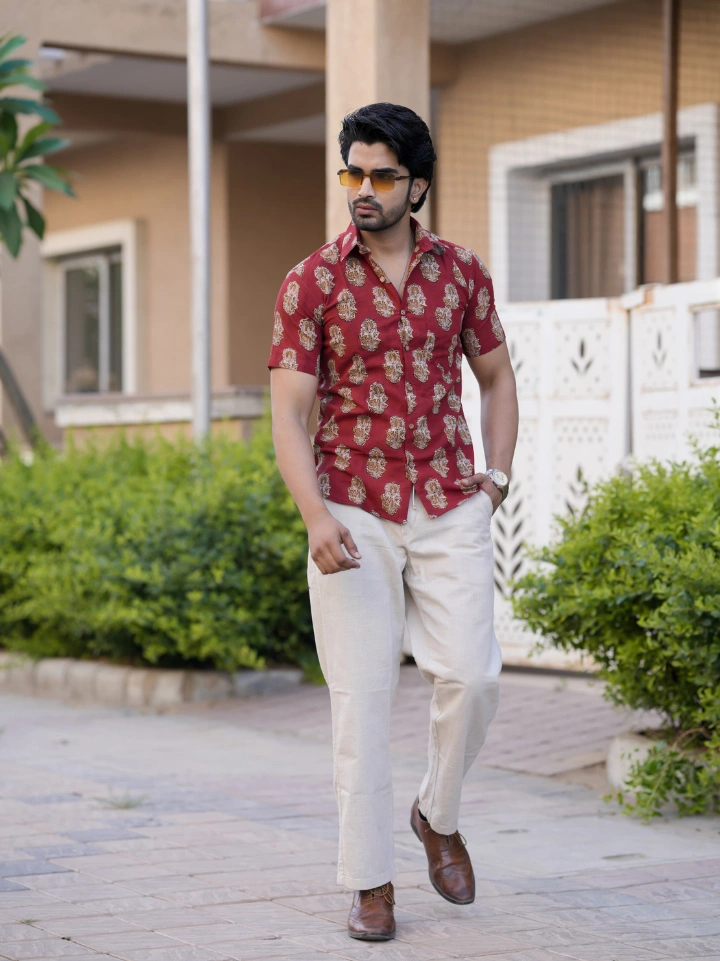 burgundy motif print half sleeve shirt for men – pure cotton hand block printed Jaipur SA Fab