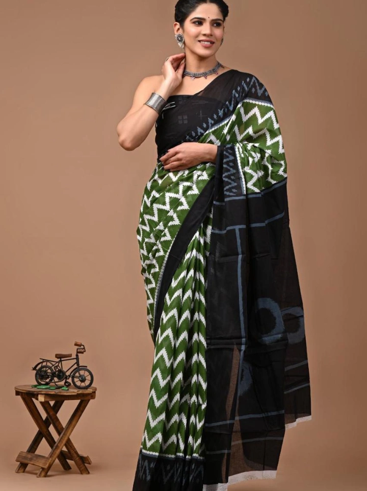 Black cotton saree with green zigzag print โ pure cotton hand block printed Bagru Jaipur SA Fab