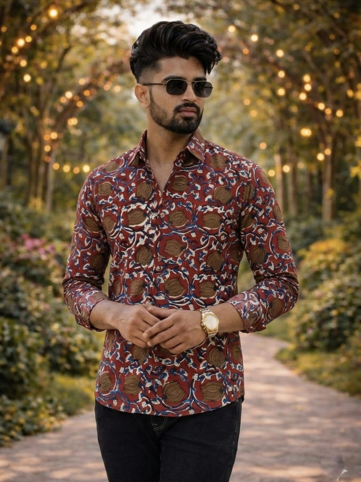 mahogany red floral print shirt – pure cotton hand block printed men's shirt Bagru Jaipur SA Fab