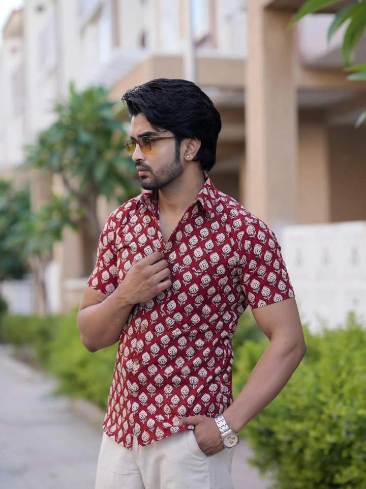 maroon small motif printed half sleeve shirt for men – pure cotton hand block printed Jaipur SA Fab