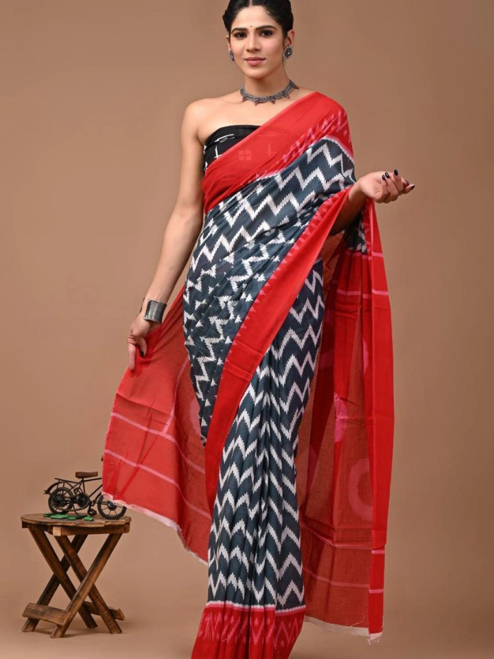 Warm red cotton saree with dark pink zigzag print – pure cotton hand block printed Bagru Jaipur SA Fab