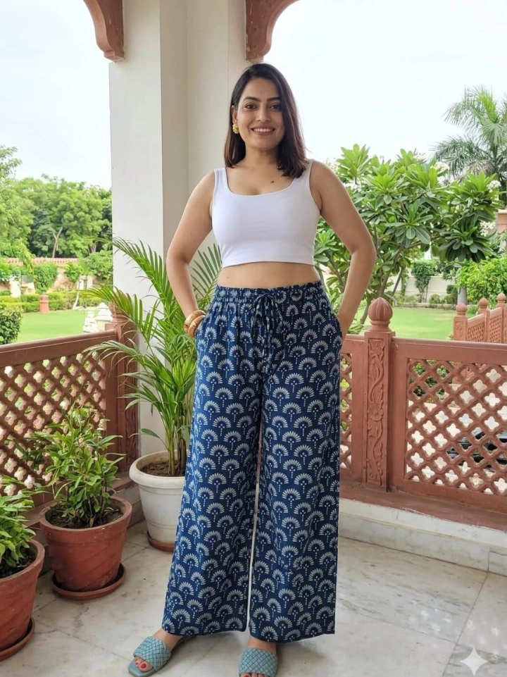 dark blue grey motif long palazzo pants — cotton hand block printed Bagru Jaipur SA Fab