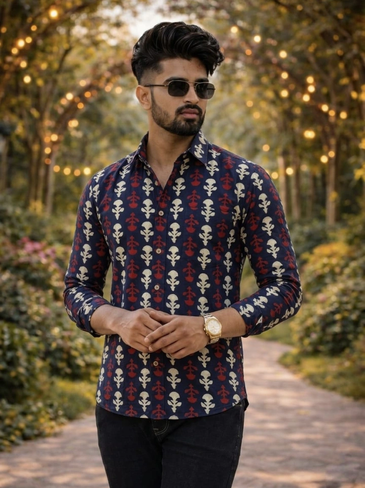 deep navy indigo block print shirt – pure cotton hand block printed men's formal shirt Bagru Jaipur SA Fab