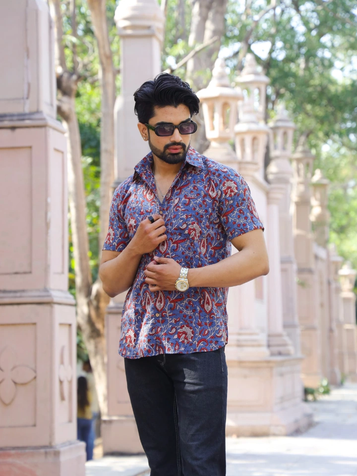 turkish blue floral print half sleeve shirt for boys – pure cotton hand block printed Jaipur SA Fab