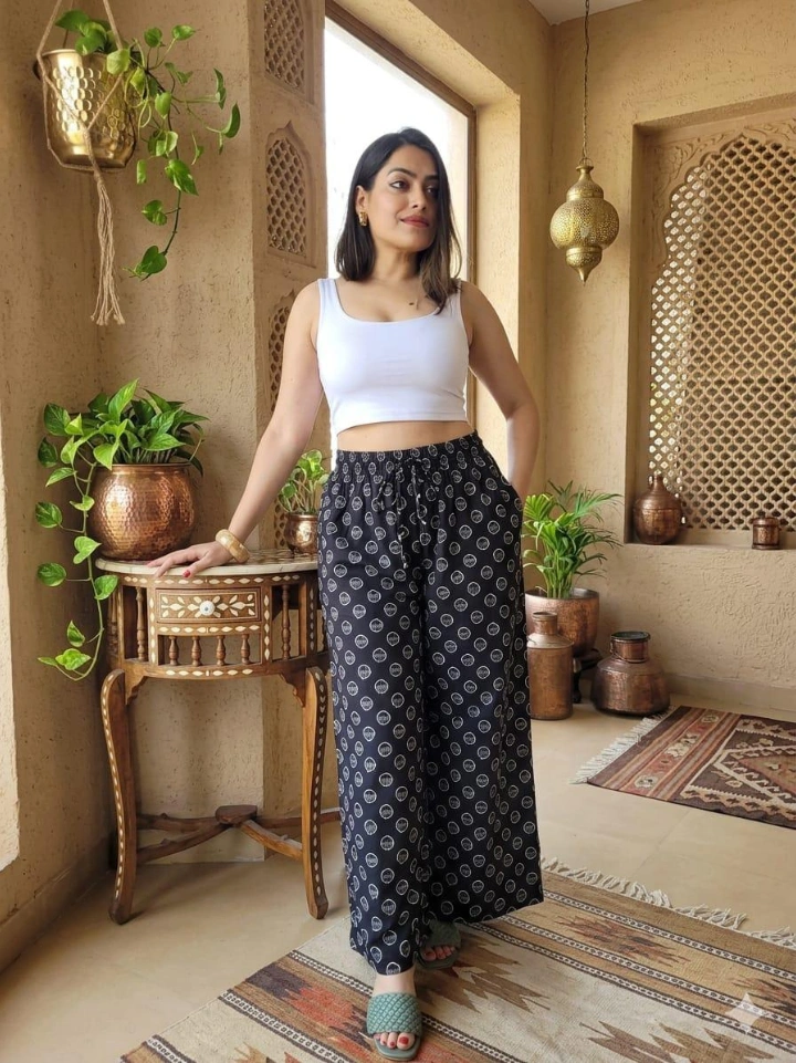 black geometric print palazzo pants — cotton hand block printed Bagru Jaipur SA Fab