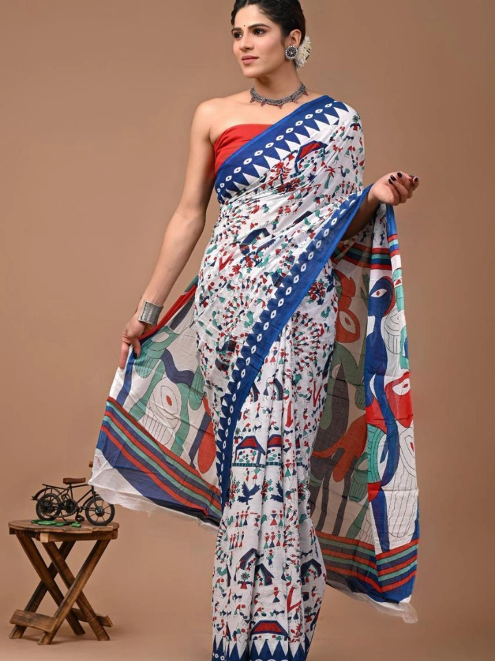 White cotton saree with blue border tribal art print – pure cotton hand block printed Bagru Jaipur SA Fab