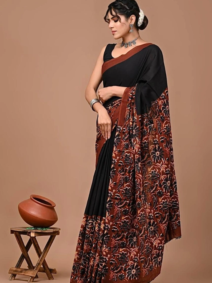 Black floral print cotton saree โ pure cotton hand block printed Bagru Jaipur SA Fab