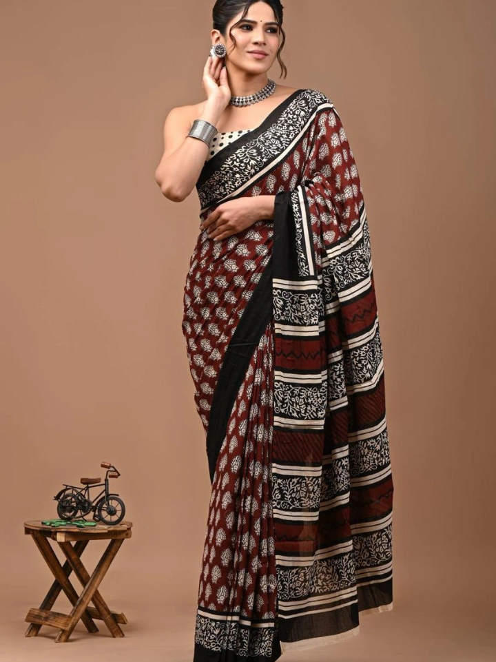 Maroon small motif print cotton saree – pure cotton hand block printed Bagru Jaipur SA Fab
