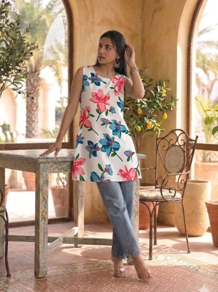 white floral print sleeveless short kurti — pure cotton hand block printed Bagru Jaipur SA Fab