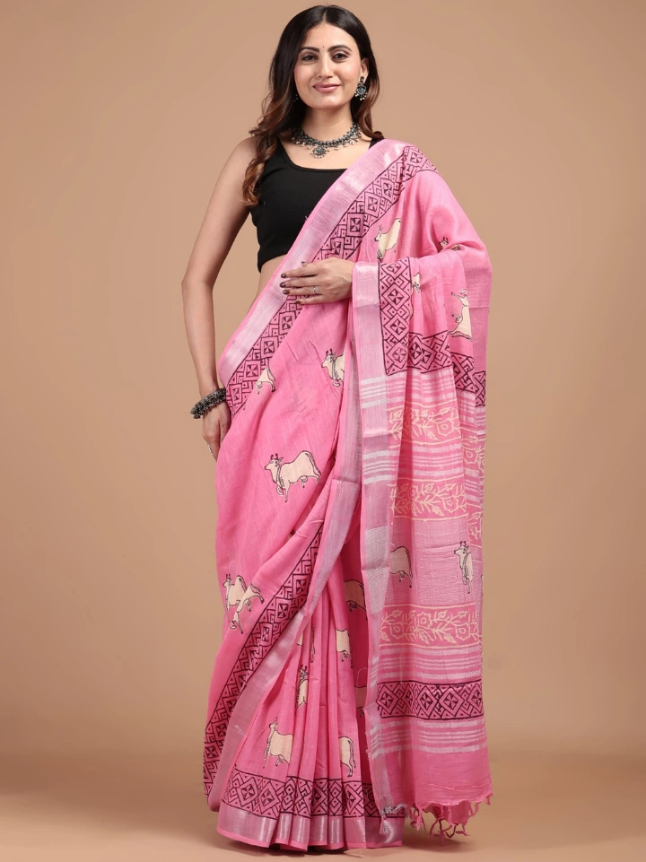 pink pichwai print pure linen saree with blouse — handcrafted linen saree SA Fab