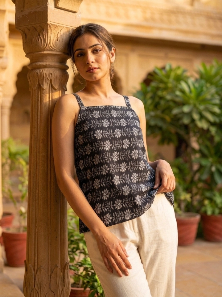 navy blue floral noodle strap top — pure cotton hand block printed Bagru Jaipur SA Fab