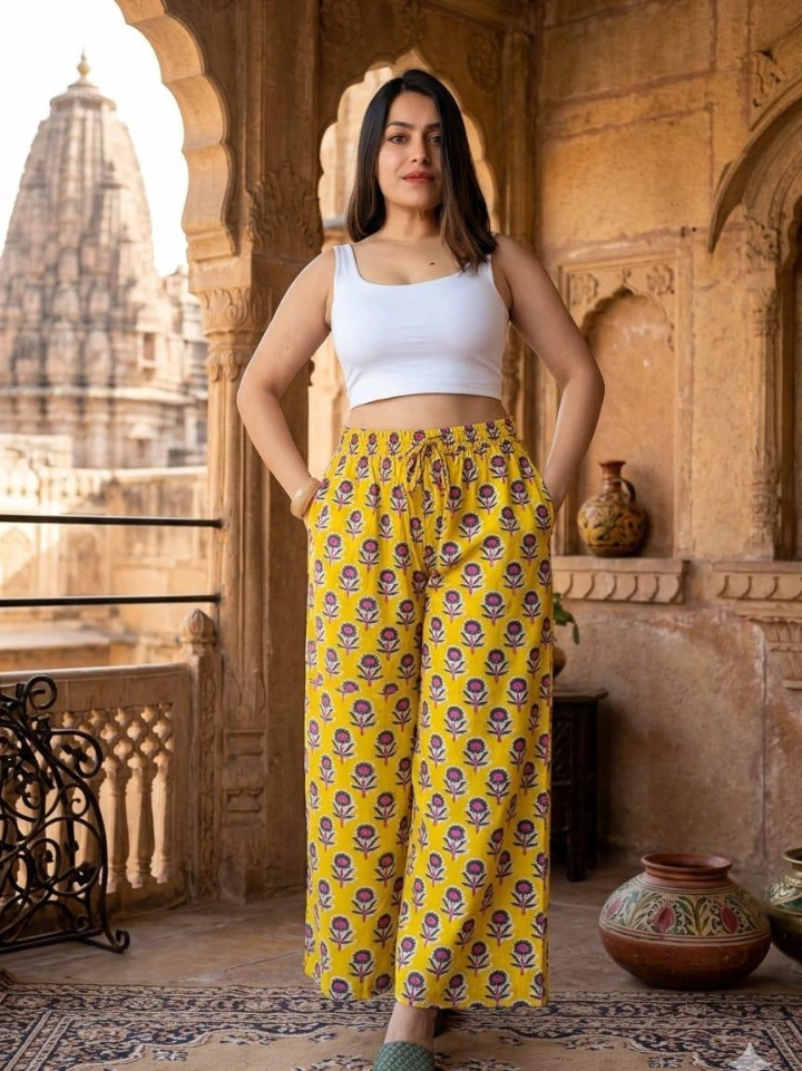 harda yellow floral print ethnic palazzo pants — cotton hand block printed Bagru Jaipur SA Fab