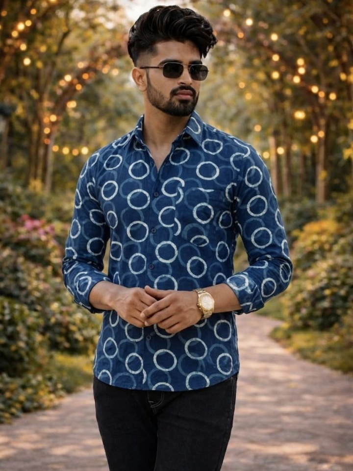 dark navy blue geometric print shirt – pure cotton hand block printed men's shirt Bagru Jaipur SA Fab