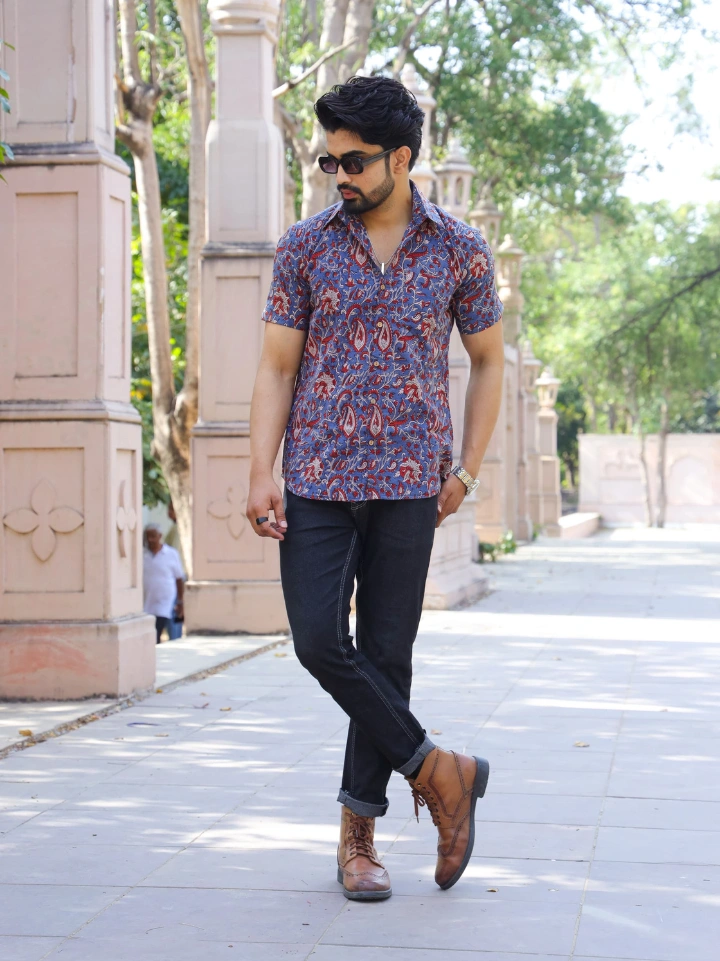 alice blue traditional Bagru print half sleeve shirt for men – pure cotton hand block printed Bagru Jaipur SA Fab