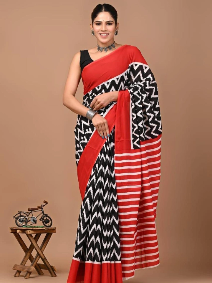 Vermillion zig zag print cotton ki saree – pure cotton hand block printed Bagru Jaipur SA Fab