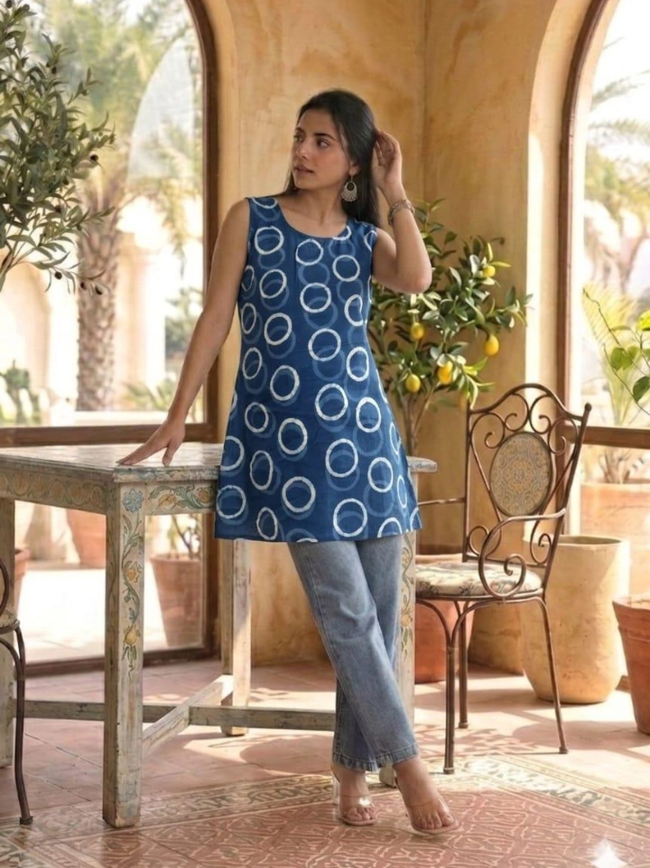royal blue geometric print sleeveless short kurti — pure cotton hand block printed Bagru Jaipur SA Fab