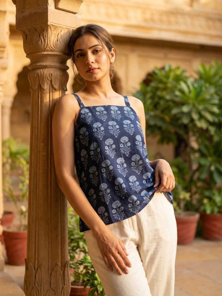 indigo floral spaghetti top — pure cotton hand block printed Bagru Jaipur SA Fab