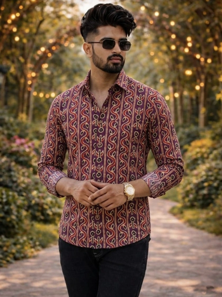 livid brown traditional bel print shirt – pure cotton hand block printed men's shirt Bagru Jaipur SA Fab