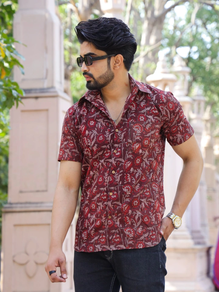 rich plum floral Sanganeri print half sleeve shirt for men – pure cotton hand block printed Rajasthan SA Fab