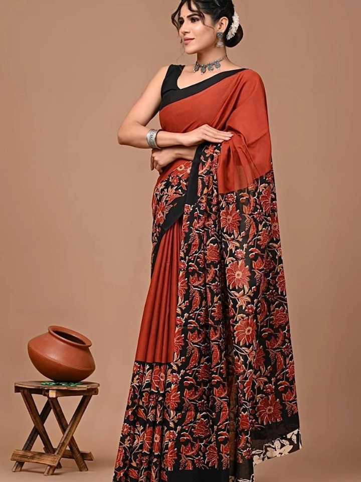 Cherry apple floral print cotton saree – pure cotton hand block printed Bagru Jaipur SA Fab