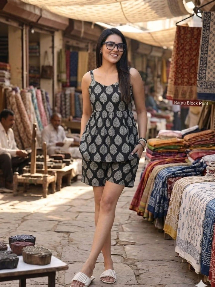 black white leaf block print co-ord set — pure cotton hand block printed Bagru Jaipur SA Fab
