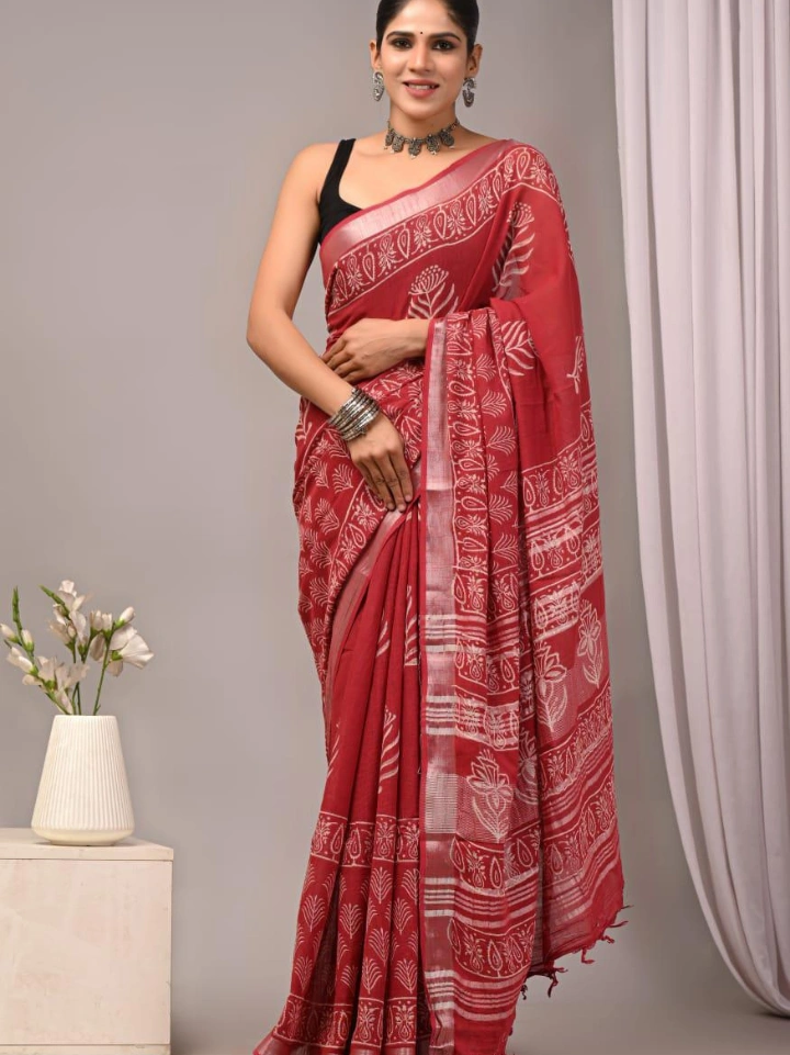 egyptian red block print pure linen saree with blouse — linen batik sarees Bagru SA Fab