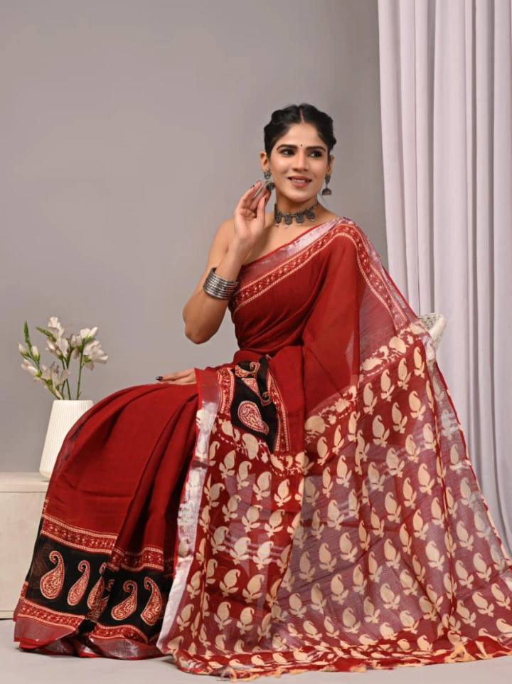 tomato red block print pure linen saree with blouse — pure linen sarees Bagru SA Fab