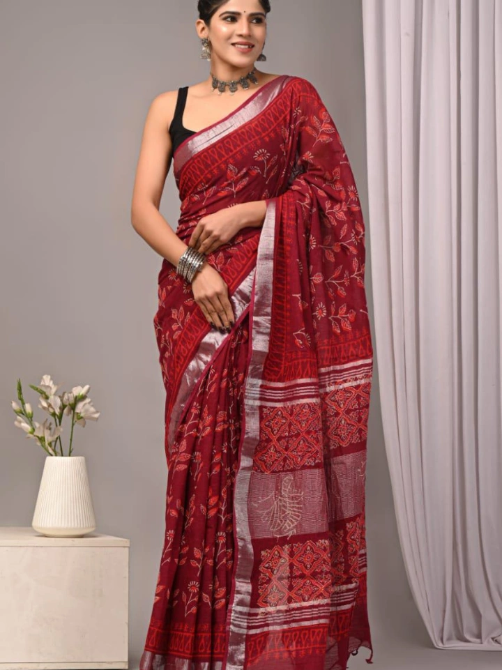 deep berry floral print pure linen saree with blouse — buy floral linen saree Bagru SA Fab