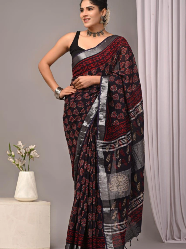 black floral print pure linen saree with blouse — black linen saree Bagru SA Fab