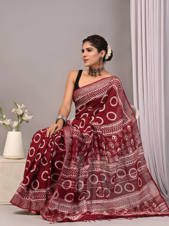 deep berry block print pure linen saree with blouse — indian linen saree Bagru SA Fab